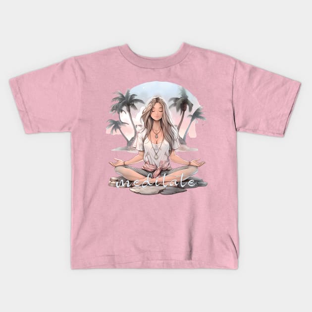 Meditate on the beach Kids T-Shirt by Tiessina Designs